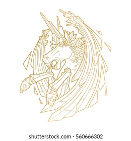 Graphic crystallizing demonic horse. Evil unicorn with sword wings. Vector fantasy line art in golden colors
