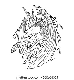 Graphic crystallizing demonic horse. Evil unicorn with sword wings. Vector fantasy line art isolated on white background. Coloring book page design for adults