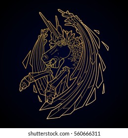Graphic crystallizing demonic horse. Evil unicorn with sword wings. Vector fantasy line art in golden colors