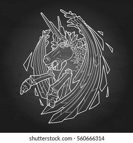 Graphic crystallizing demonic horse. Evil unicorn with sword wings. Vector fantasy line art isolated on the chalkboard