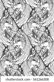 Graphic crystallizing demonic horse. Evil unicorn with sword wings. Vector seamless pattern
