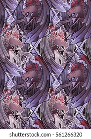 Graphic crystallizing demonic horse. Evil unicorn with sword wings. Vector seamless pattern