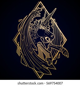 Graphic crystallizing demonic horse. Evil unicorn with sword wings. Vector fantasy line art in golden colors