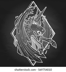 Graphic crystallizing demonic horse. Evil unicorn with sword wings. Vector fantasy line art isolated on the chalkboard