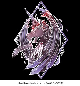 Graphic crystallizing demonic horse. Evil unicorn with sword wings. Vector fantasy art isolated on black round