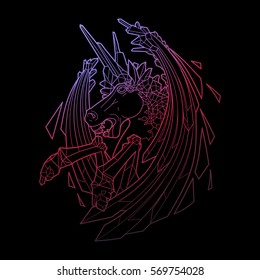 Graphic crystallizing demonic horse. Evil unicorn with sword wings. Vector fantasy line art isolated on black background