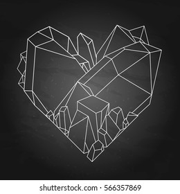 Graphic crystals in the shape of heart drawn in line art style. Vector Valentine day design isolated on the chalkboard