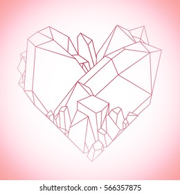 Graphic crystals in the shape of heart drawn in line art style. Vector Valentine day design in pink colors isolated on white background