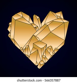 Graphic crystals in the shape of heart drawn in line art style. Vector Valentine day design in golden colors isolated on the dark background
