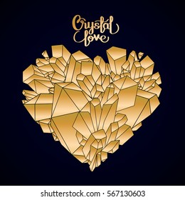 Graphic crystals in the shape of heart drawn in line art style. Vector Valentine day design in golden colors isolated on the dark background