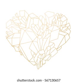 Graphic crystals in the shape of heart drawn in line art style. Vector Valentine day design in golden colors isolated on white background