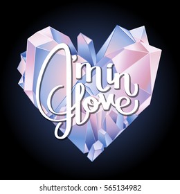 Graphic crystals in the shape of heart with romantic lettering on it. Vector Valentine day design in pastel colors isolated on dark background