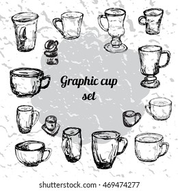 Graphic cup set. Sketch silhouette style. Grunge background. Black and white.