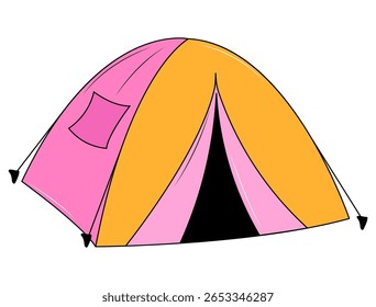 Gráfico de uma tenda bonito, de cores brilhantes em forma montada, adequado para dormidas ou simples relaxamento durante uma caminhada.