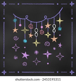 Graphic Cute Colorful Design Element Thread with the Suspended Stars Isolated on Chalkboard Backdrop. Children's Chalk Drawn Sketch. Textural Crayon Drawing of Baby's Stars Pendant.