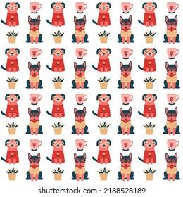 Graphic cute seamless pattern with different breeds dogs and puppies. Illustrations of french bulldog, pets, bones. Vector creative baby and kid print in flat cartoon style.