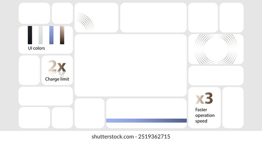 Painel gráfico para modelo de apresentação de produto técnico. Tijolos para foto, dados de números, gráfico de aplicativo, layout de plano de mosaico. Quadros de interface do usuário da grade de slides do site na exibição da galeria de bento na moda. Portfólio de marcas