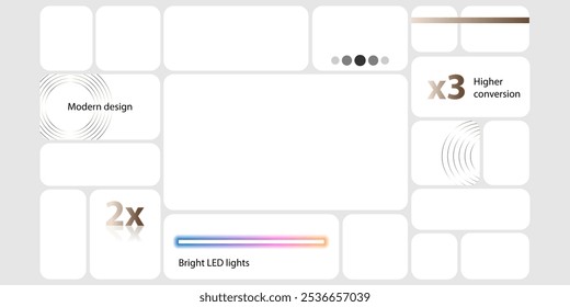 Painel gráfico para modelo de apresentação de produto técnico. Tijolos para foto, dados de números, gráfico de aplicativo, layout de plano de mosaico. Quadros de interface do usuário da grade de slides do site na exibição da galeria de bento na moda. Portfólio de marcas