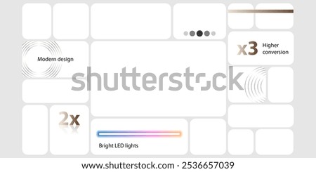 Graphic dashboard for tech product presentation template. Bricks for photo, numbers data, app chart, mosaic plan layout. Website slide grid ui frames in trendy bento gallery view. Branding portfolio