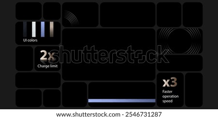 Graphic dashboard for tech product presentation template. Bricks for photo, numbers data, app chart, mosaic plan layout. Website slide grid ui frames in trendy bento gallery view. Branding portfolio