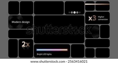 Graphic dashboard for tech product presentation template. Bricks for photo, numbers data, app chart, mosaic plan layout. Website slide grid ui frames in trendy bento gallery view. Branding portfolio