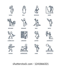 Graphic de, Guide, Hairdresser, Hunter, journalist, Nurse, Mechanic, Lumberjack, Maid outline vector icons from 16 set