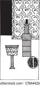 Graphic decorate image of bottle of wine and glass.