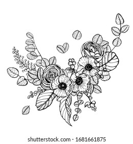 Grafische Zierzusammensetzung mit Frühlingsblumen. Handgezeichnete Illustration.Vintage-Stil. 