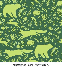 Graphic decorative forest  pattern with fairy animals 