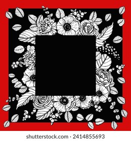 Grafischer Zierrahmen mit Frühlingsblumen. Handgezeichnete Illustration. Vintage-Stil. 