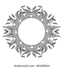 Graphic decorative frame for your design. Ethnic ornament with leaves. Vector illustration
