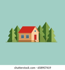 Graphic Decorative house. Landscape in a minimalist style against the background of trees. Buying, selling a hut. Flat Vector illustration.
