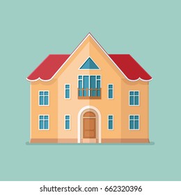Graphic Decorative house. Landscape in a minimalist style against. Buying, selling a hut. Flat Vector illustration.
