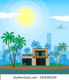 Graphic Decorative house, Summer vacation. Landscape in a loft style against the background of palm trees. Buying, selling a hut. Flat Vector illustration