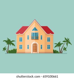 Graphic Decorative house, Summer vacation. Landscape in a minimalist style against the background of trees. Buying, selling a hut. Flat Vector illustration
