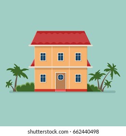 Graphic Decorative house, Summer vacation. Landscape in a minimalist style against the background of trees. Buying, selling a hut. Flat Vector illustration
