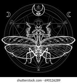 Graphic decorative image of the Mantis. Alchemical circle of transformations. Esoteric, Mysticism, Sorcery.  Vector illustration isolated on a black background.