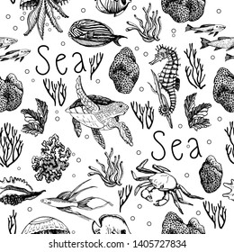 Graphic decorative marine pattern. Graphic set. Manual graphics. Sketches. Sea animals, corals and algae.  Endless ornament for a variety of decorative surfaces. Vector illustration.
