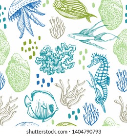 Graphic decorative pattern of marine images. Manual graphics. Sketches. Sea animals, corals and algae.  Endless ornament for a variety of decorative surfaces. Vector illustration. 