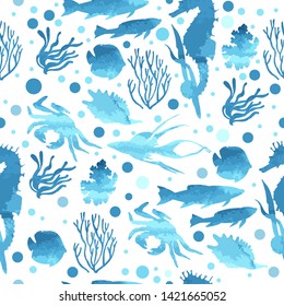 Graphic decorative seamless of marine images.  Manual graphics. Sea animals, corals and algae. Watercolor background. Vector illustration.  Seamless ornament for decorating various surfaces. Watercolo