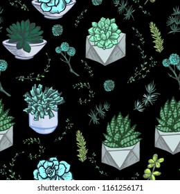 Graphic decorative seamless with succulents in vases