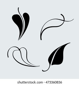 graphic decorative set of leaf icons, linear and silhouette minimalistic monochromatic leaves for logo design, simple modern leaves vector  image