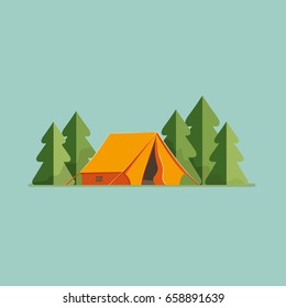 Graphic Decorative Tourist cartoon tent isolated. Camping in nature in an orange hut. Vector flat illustration, icon
