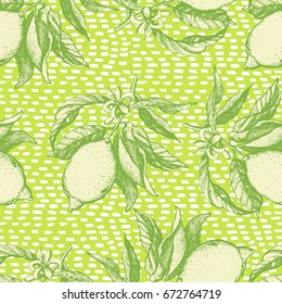 Graphic decorative vintage pattern with lemons. Hand drawing. Seamless for fabric design, gift wrapping paper and printing and web projects.