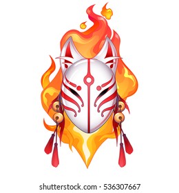 Graphic demon fox mask drawn in red and white colors with fire flame on background. Traditional attribute of japanese folklore
