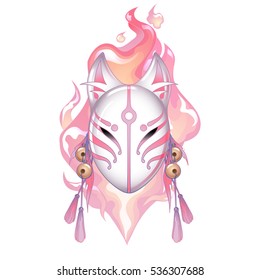 Graphic demon fox mask drawn in pastel pink and white colors with fire flame on background. Traditional attribute of japanese folklore