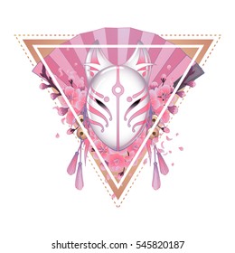 Graphic demon fox mask with sakura flowers and pink hand fan on background. Sacred triangular design. Traditional attribute of japanese folklore