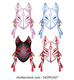 Graphic demon fox masks set isolated on white background. Traditional of attribute japanese folklore.