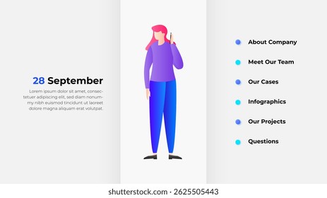 Graphic depicting an agenda schedule alongside vibrant illustrations of a person with surrounding informational elements emphasizing modern design and accessibility for business and creative content