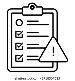 Gráfico que representa un Portapapeles con una lista de verificación parcial con varios elementos marcados como completos a través de marcas de verificación, un círculo abierto restante y un signo de advertencia triangular superpuesto con un punto de exclamación, que simboliza la revisión crítica del proceso, la Identificación de errores urgentes o el requisito de cumplimiento fallido que requiere una acción correctiva inmediata.